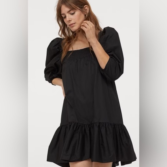 H&M Black Puff Sleeve Mini Cotton Dress Small - Picture 3 of 10